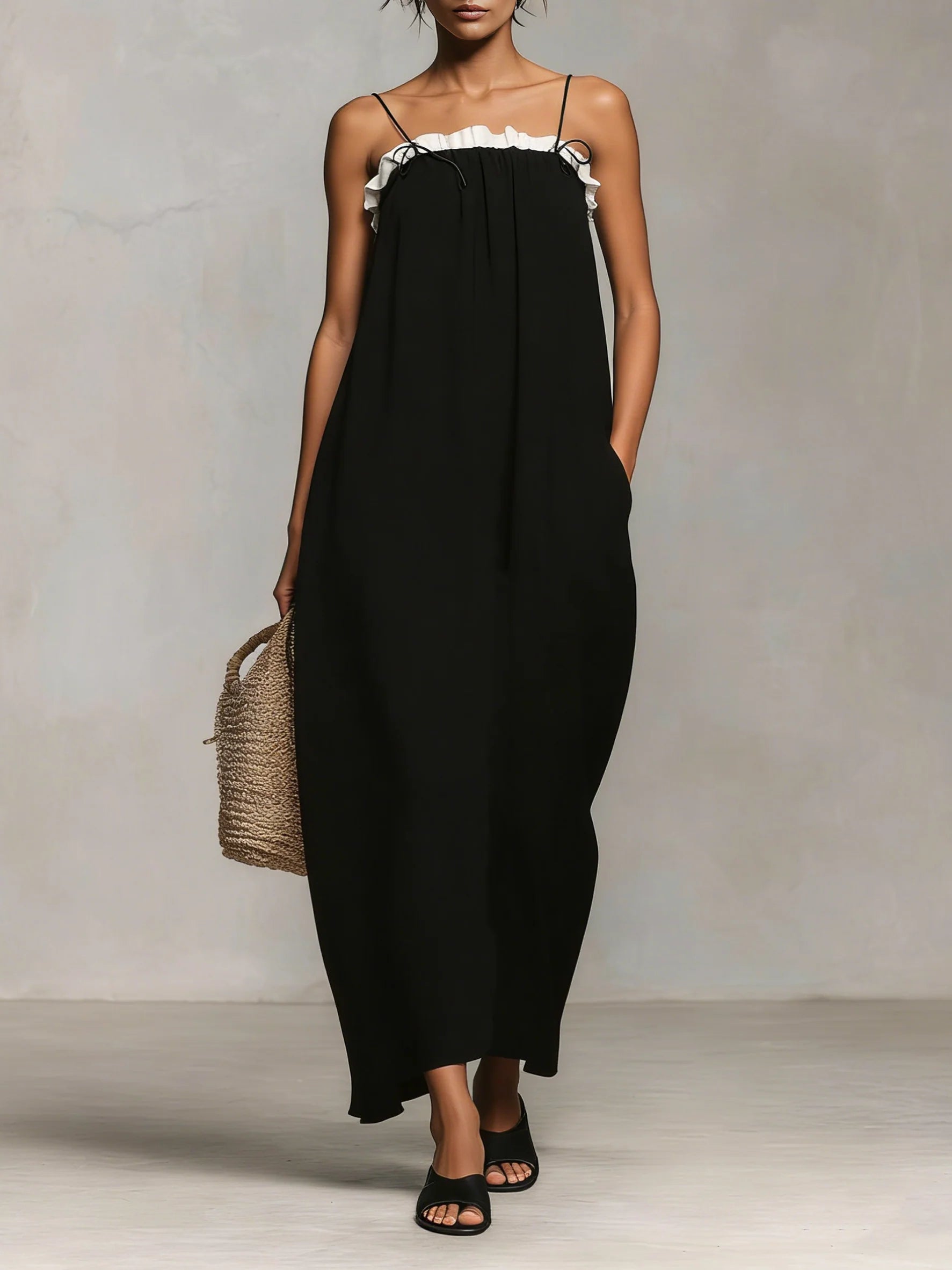 Robe Longue "Marie" – Colorblock à Fines Bretelles