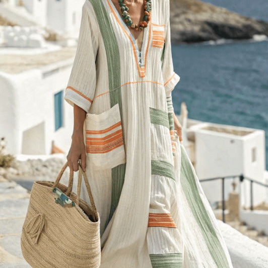 Robe Caftan "Anneliese" – Rayures vertes & orange