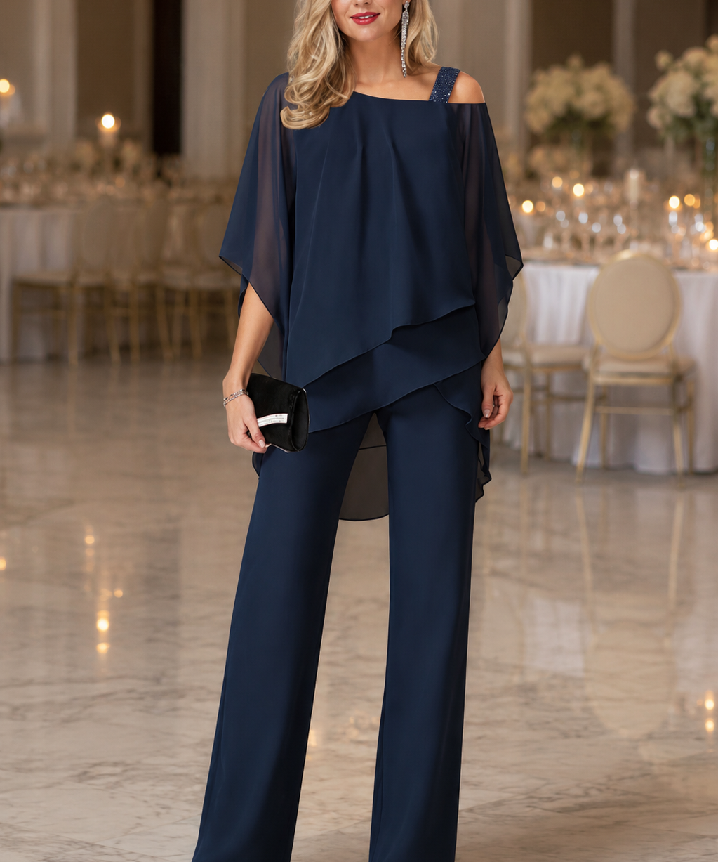 Ensemble "Bianca" – Épaules dénudées & pantalon long