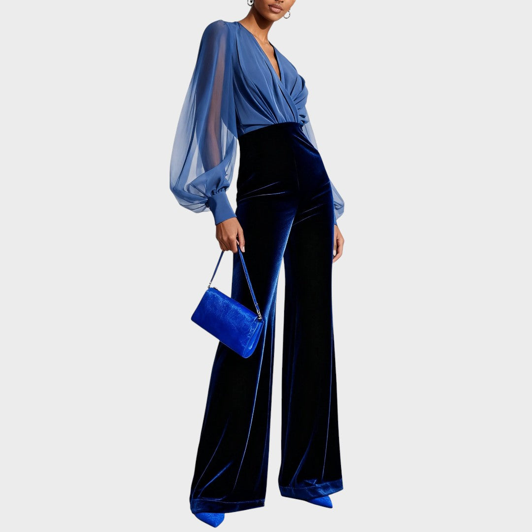Fluwelen Jumpsuit "Erika" – Blauw met V-hals