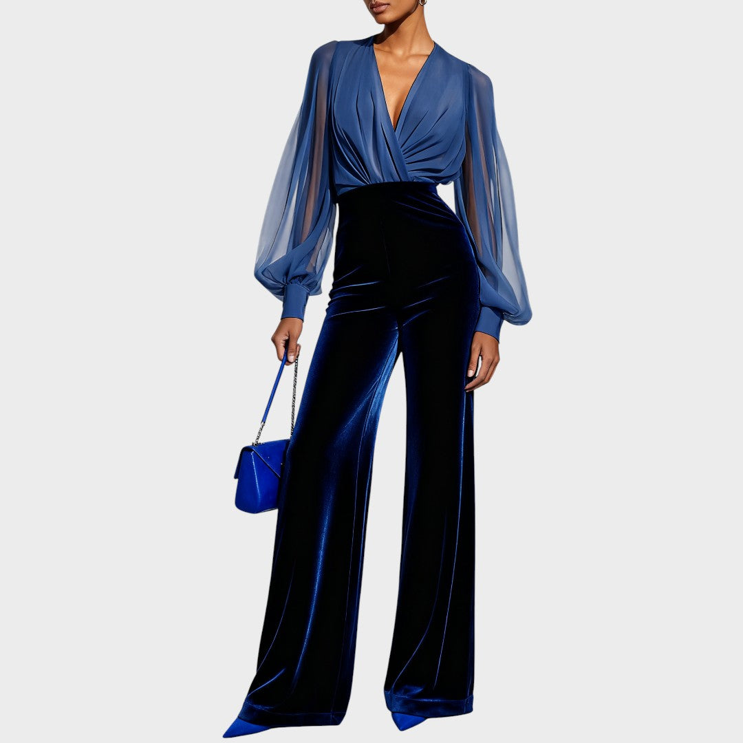 Fluwelen Jumpsuit "Erika" – Blauw met V-hals