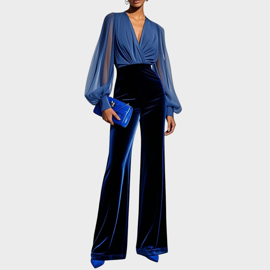Combinaison en velours "Erika" – Bleue à col V