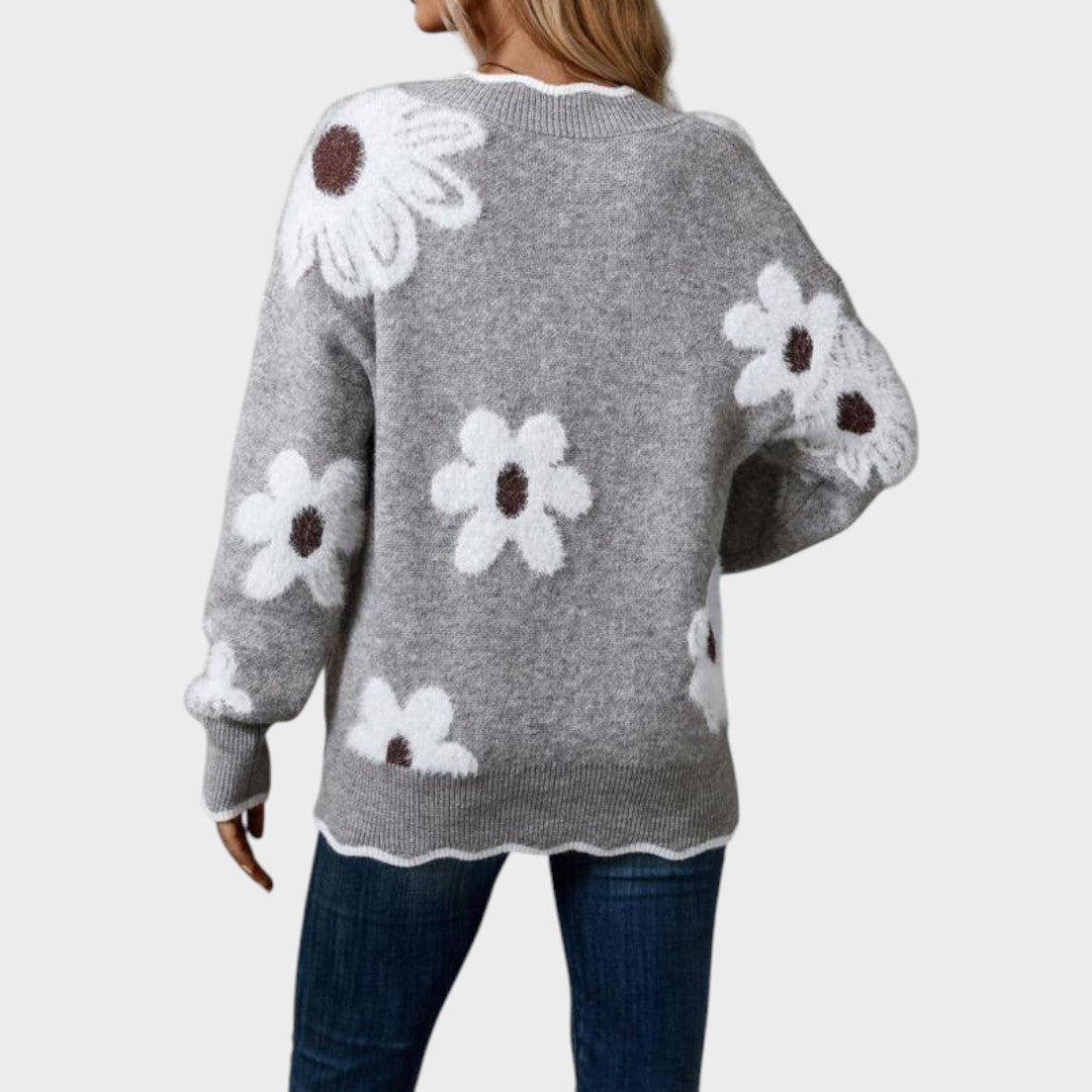 Pull "Magdalena" – Fleurs Col en V Gris