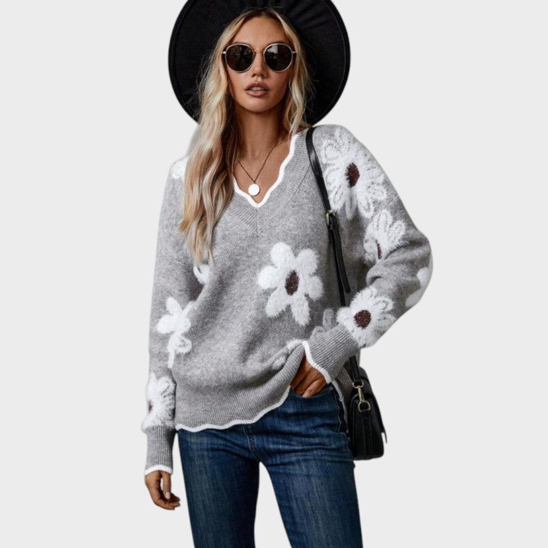 Pull "Magdalena" – Fleurs Col en V Gris