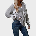 Pull "Magdalena" – Fleurs Col en V Gris