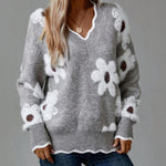 Trui "Astrid" – Bloemen met V-hals Grijs