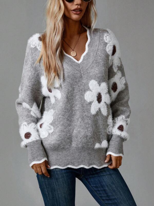 Trui "Astrid" – Bloemen met V-hals Grijs
