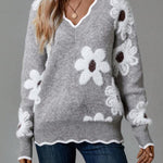 Trui "Astrid" – Bloemen met V-hals Grijs