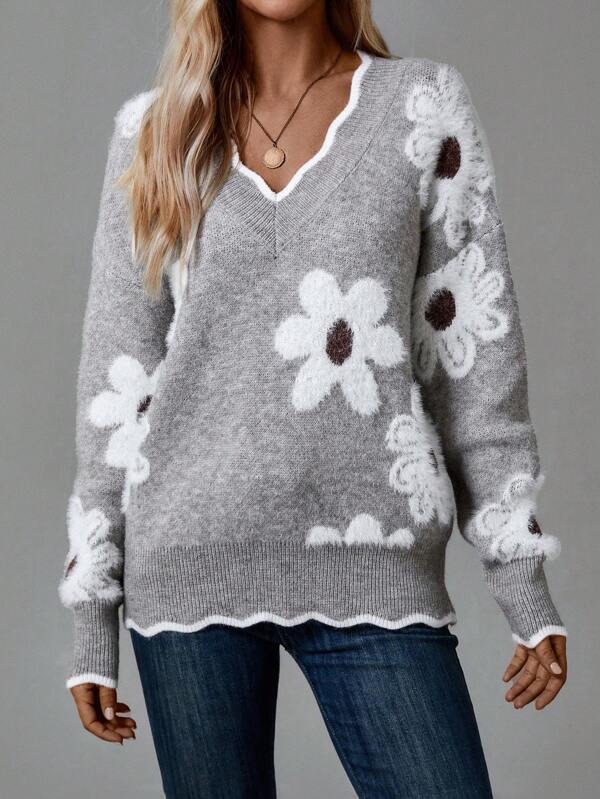 Trui "Astrid" – Bloemen met V-hals Grijs
