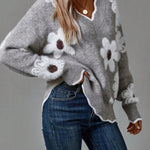 Trui "Astrid" – Bloemen met V-hals Grijs
