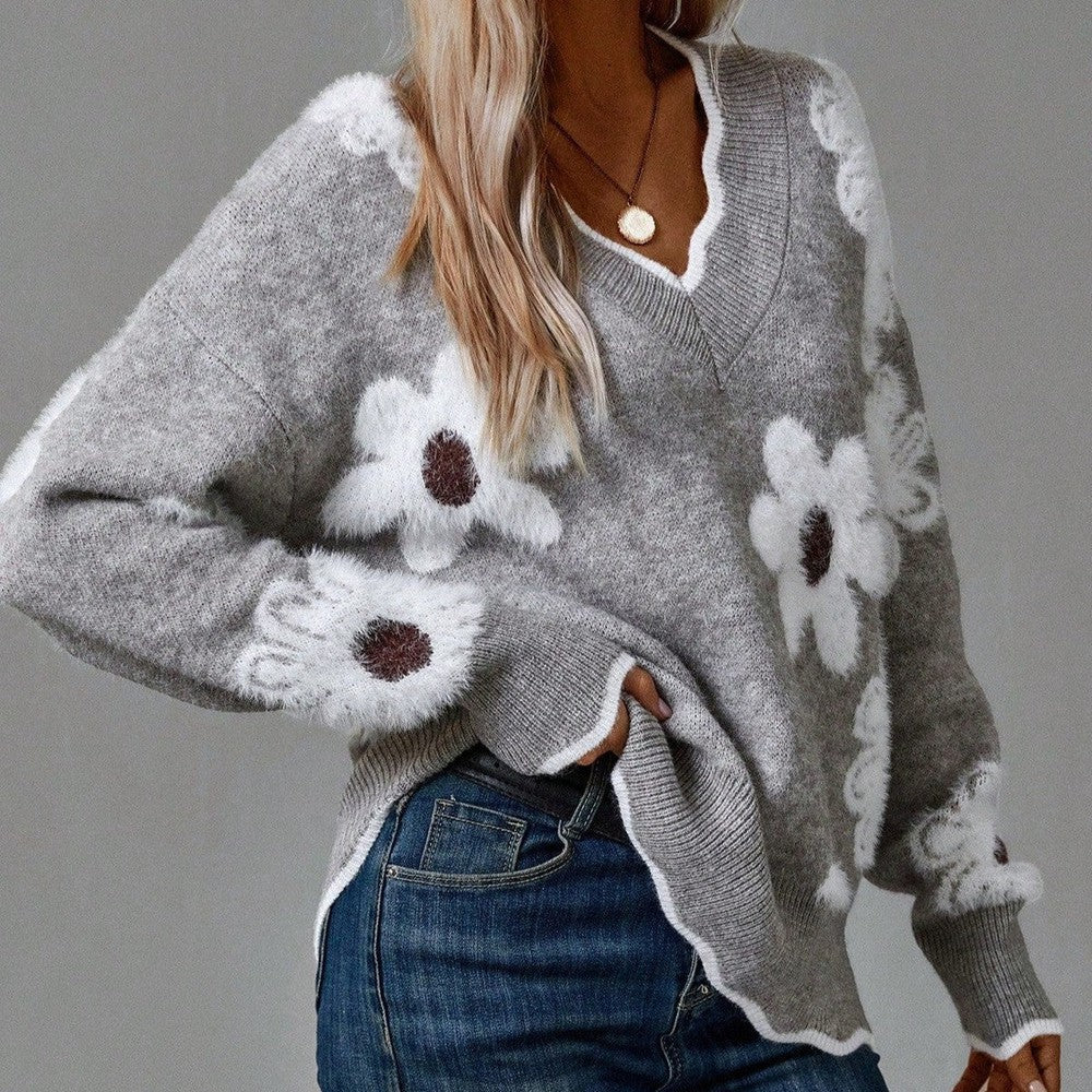 Trui "Astrid" – Bloemen met V-hals Grijs