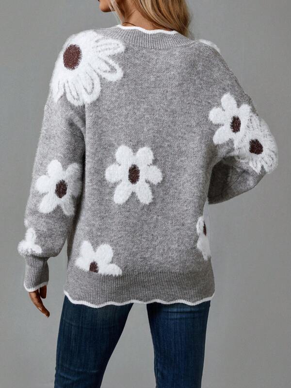 Trui "Astrid" – Bloemen met V-hals Grijs