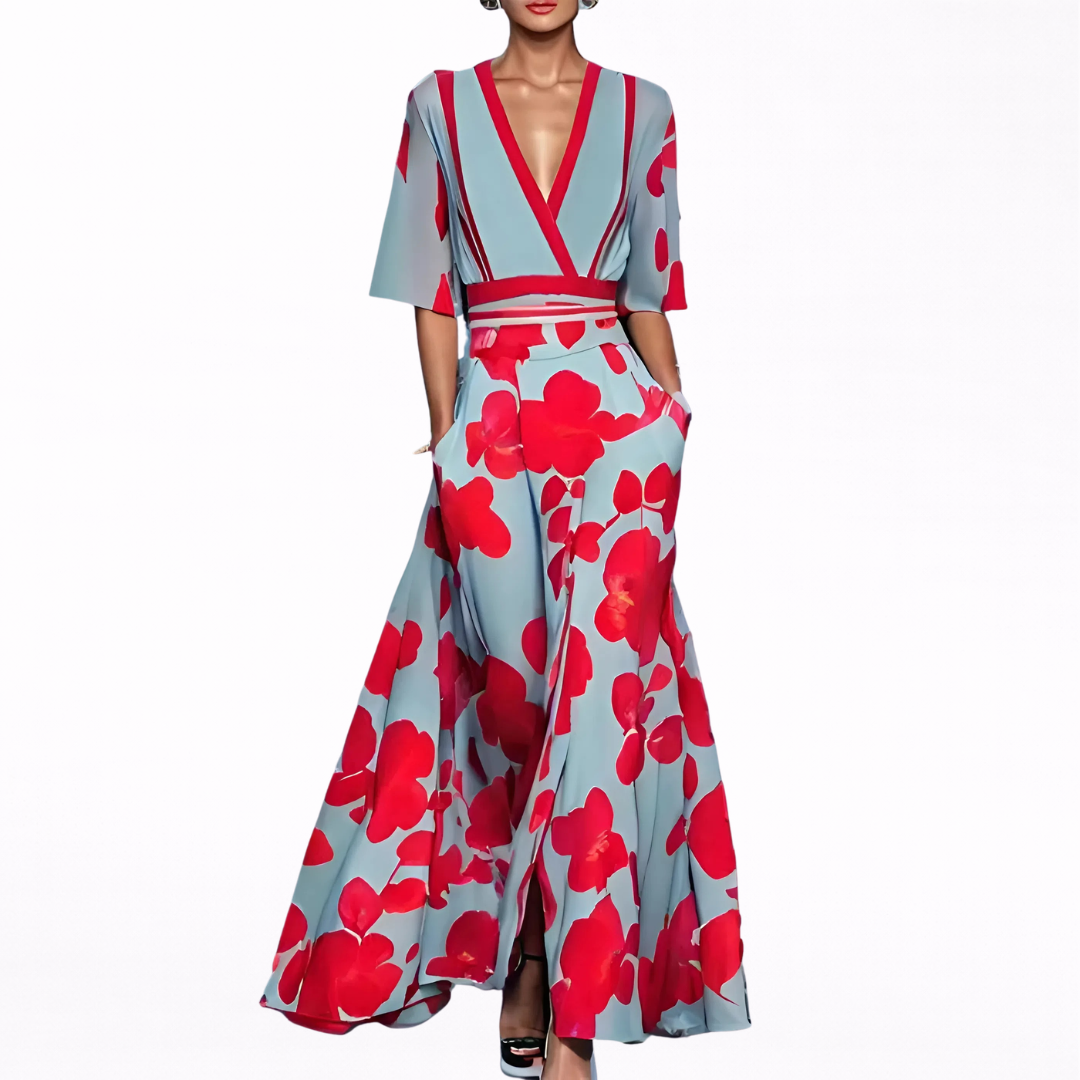 Maxikleed "Franziska" – Bloemenprint met Diepe V-Hals