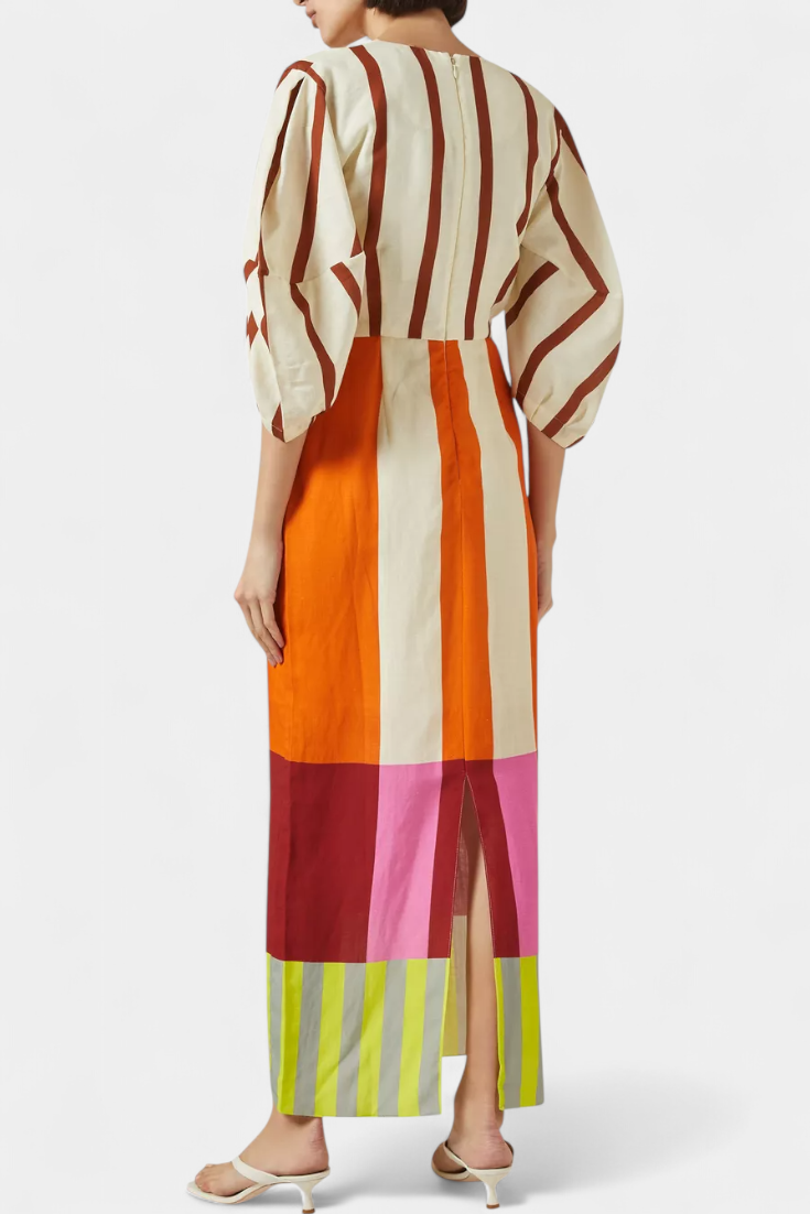 Robe Longue "Elisabeth" – Lin Mélangé à Manches Bouffantes