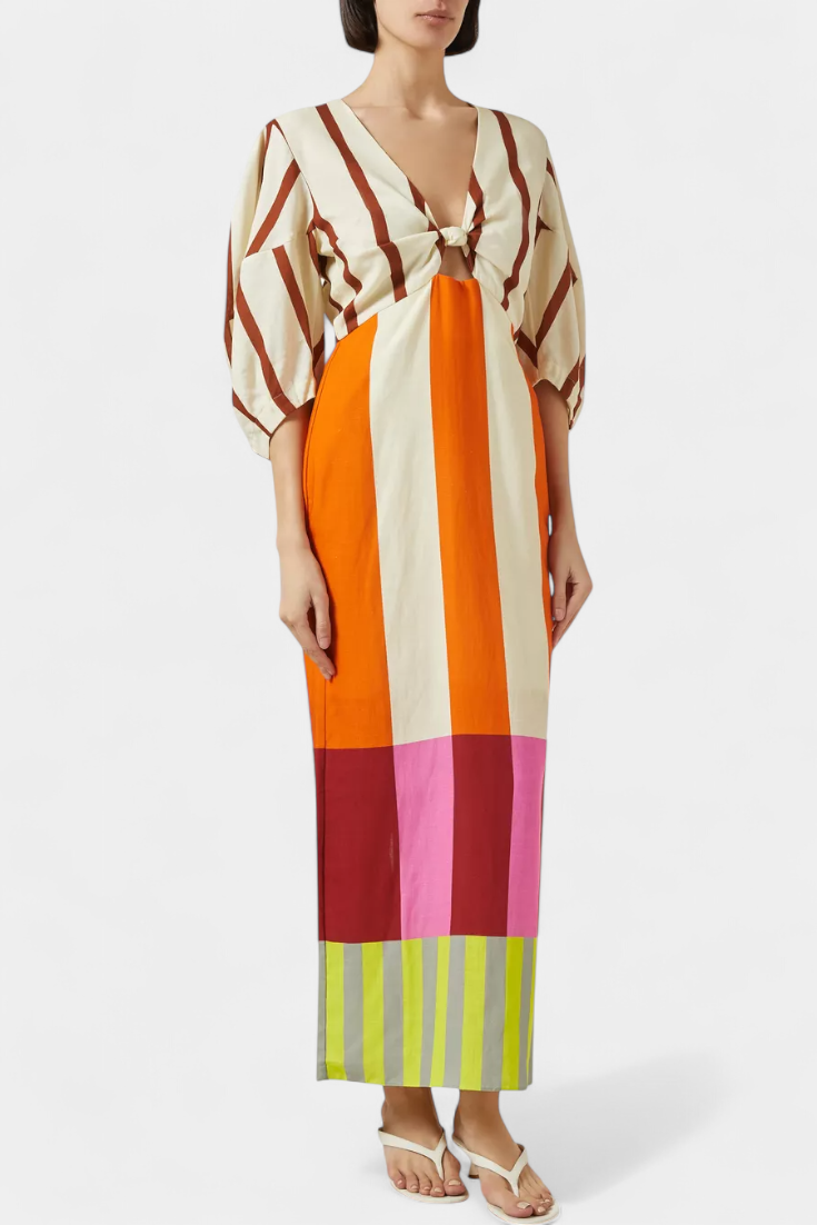 Robe Longue "Elisabeth" – Lin Mélangé à Manches Bouffantes
