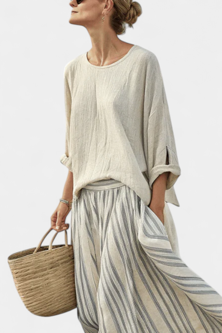 Ensemble "Petra" – Blouse en Lin de Bambou & Jupe Midi