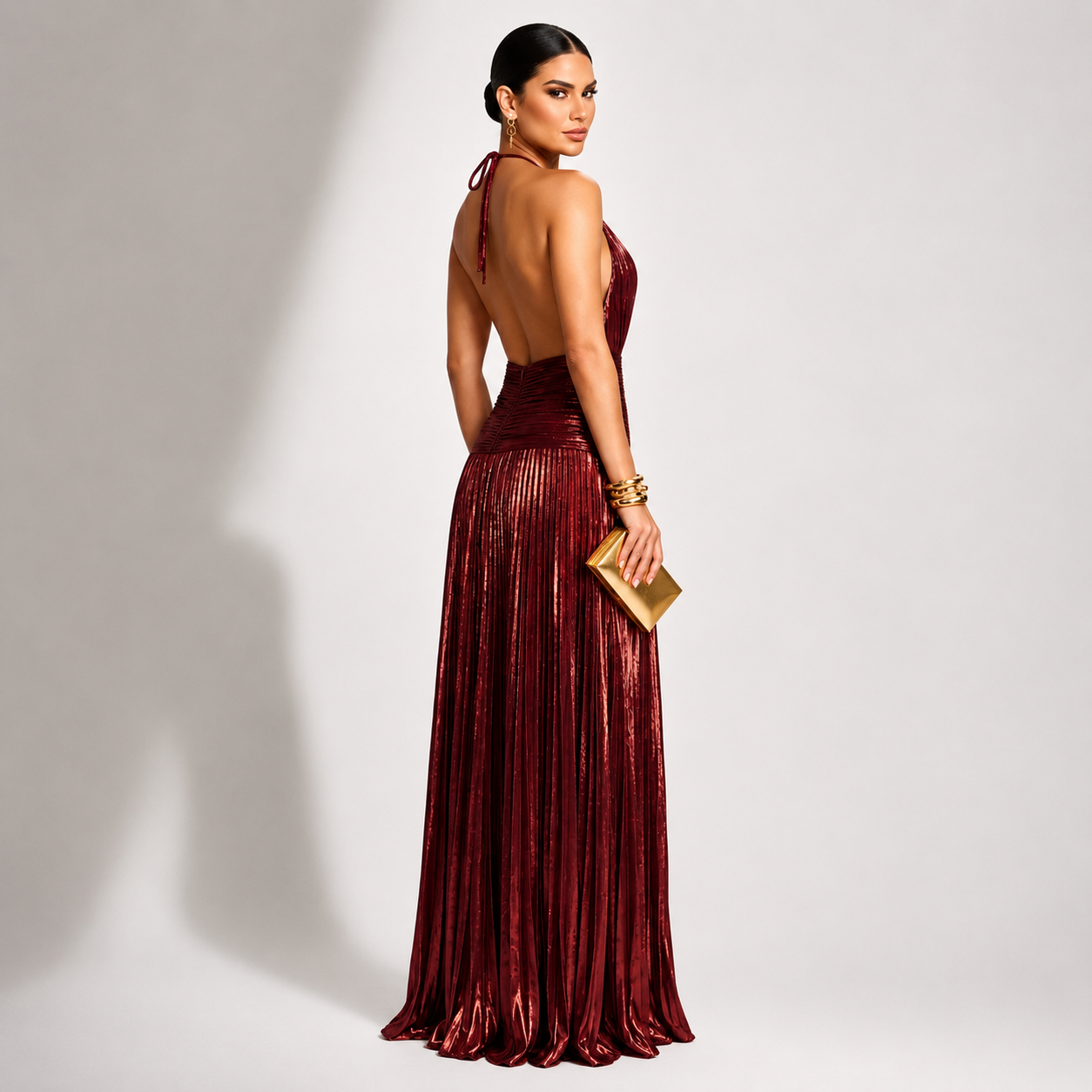 Robe longue "Monika" – Or olive & bordeaux