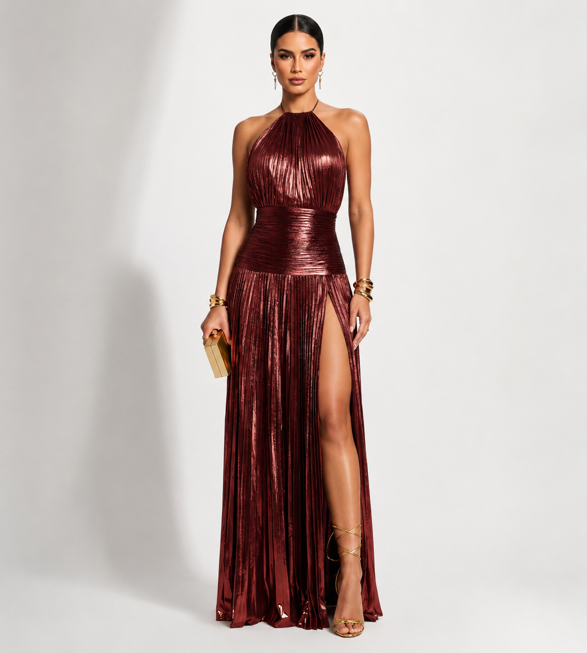 Robe longue "Monika" – Or olive & bordeaux