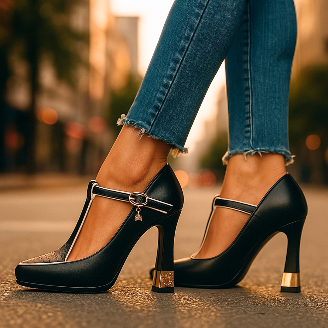 T-Strap Hakken "Viviana" – Goudkleurige Details
