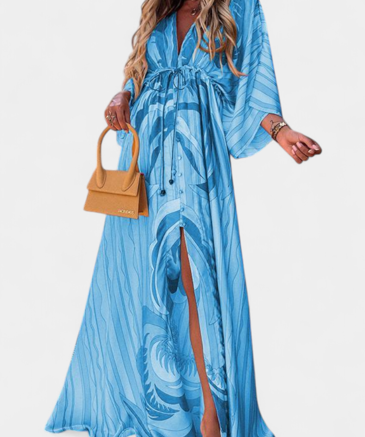 Robe Longue "Ida" – Imprimé Arc-en-ciel, Col en V