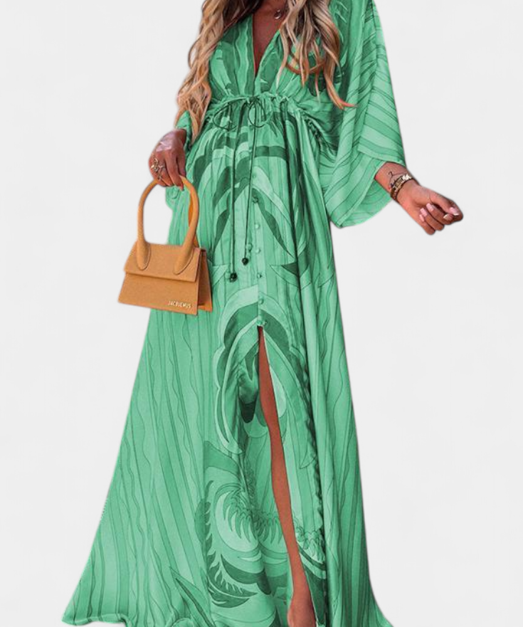 Robe Longue "Ida" – Imprimé Arc-en-ciel, Col en V