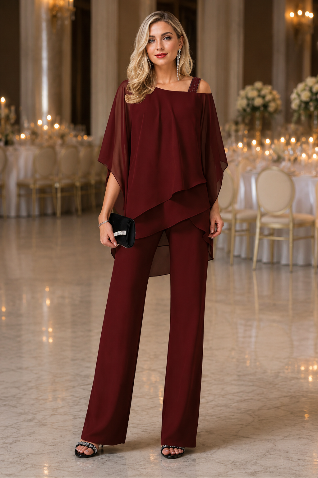 Ensemble "Bianca" – Épaules dénudées & pantalon long