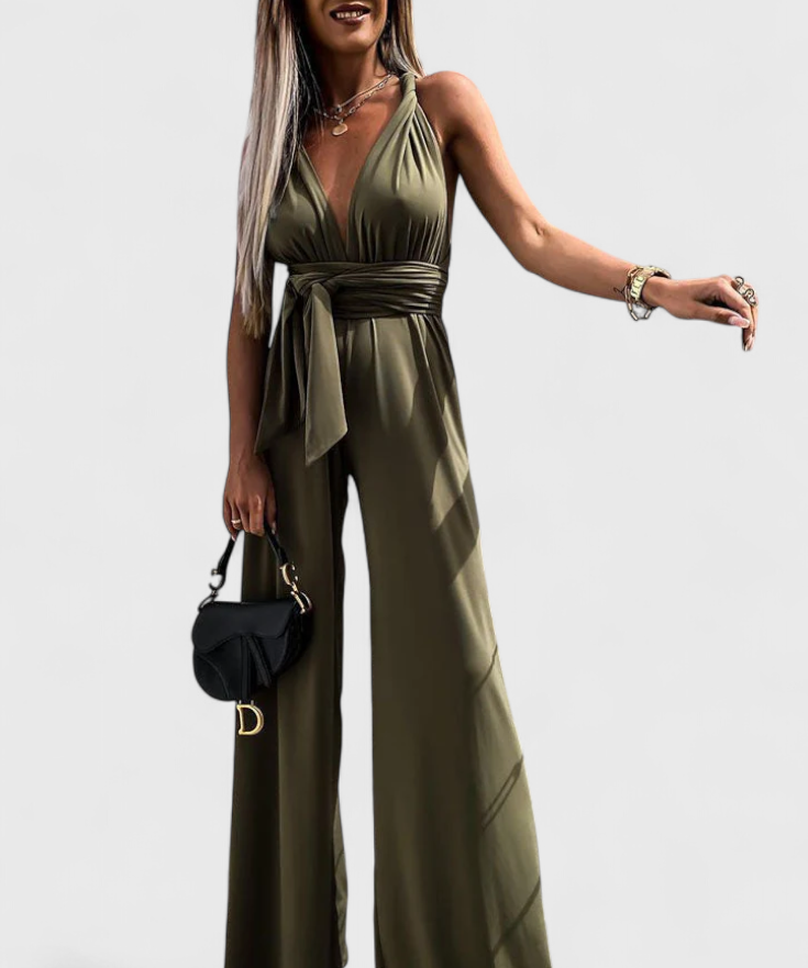 Jumpsuit "Lena" – Gekruiste Rug & Wijde Pijpen