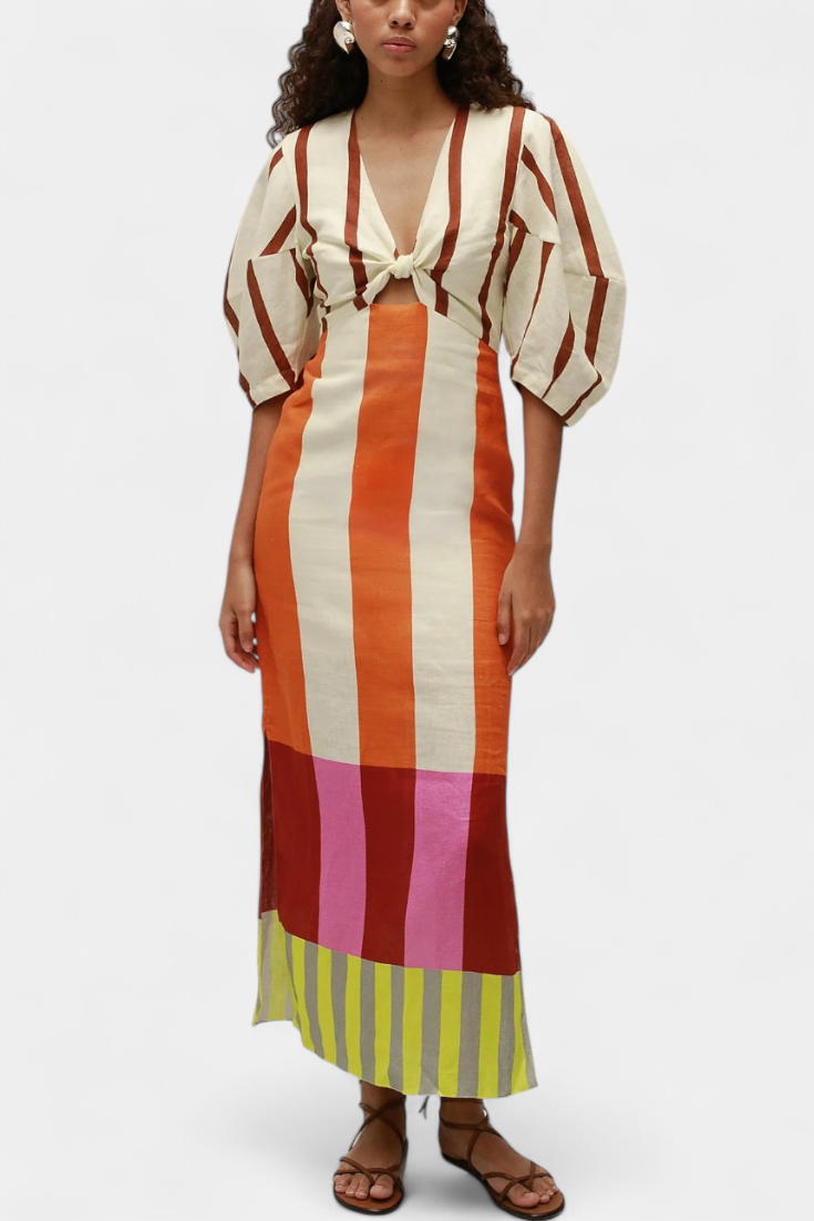 Robe Longue "Elisabeth" – Lin Mélangé à Manches Bouffantes