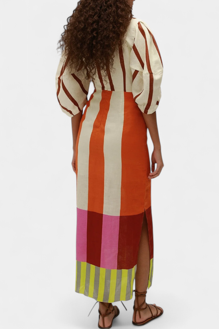 Robe Longue "Elisabeth" – Lin Mélangé à Manches Bouffantes