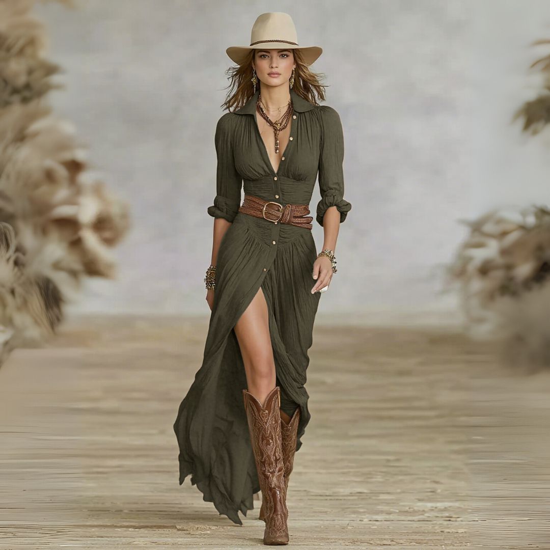 Robe Longue "Greta" – Col Châle & Ceinture