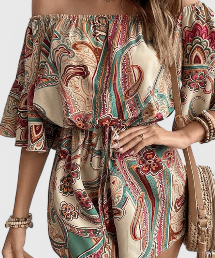 Boho Jumpsuit "Gisela" – Off-Shoulder Abrikoos