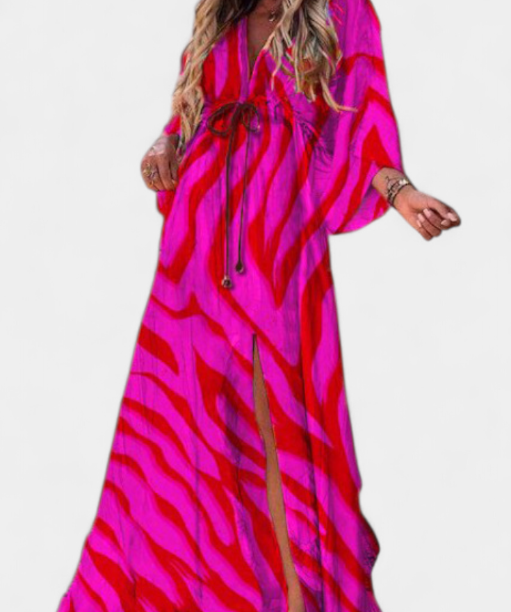 Robe Longue "Ida" – Imprimé Arc-en-ciel, Col en V