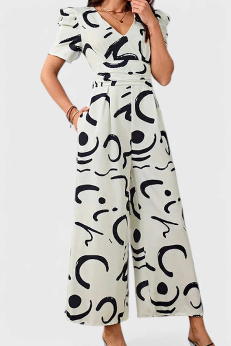 Jumpsuit "Kerstin" – Abstracte Print & Pofmouwen