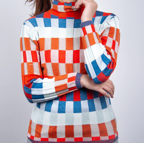 Trui "Erika" – Patchwork met Hoge Kraag