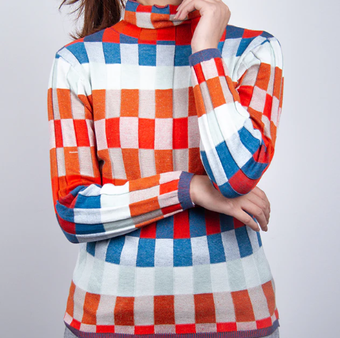 Trui "Erika" – Patchwork met Hoge Kraag