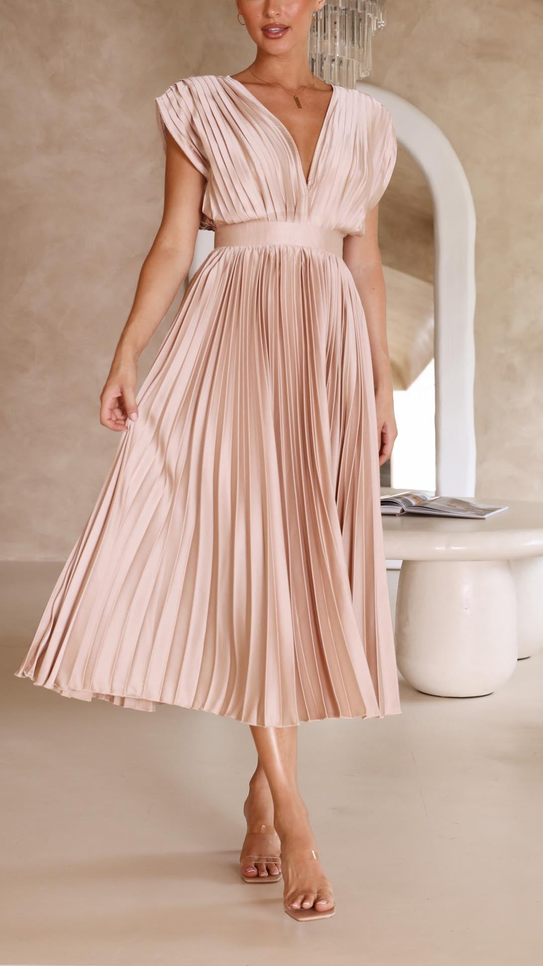 Robe Plissée "Eva" – Élégante à Col en V