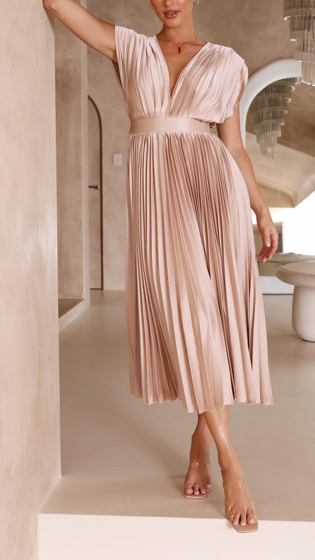 Robe Plissée "Eva" – Élégante à Col en V