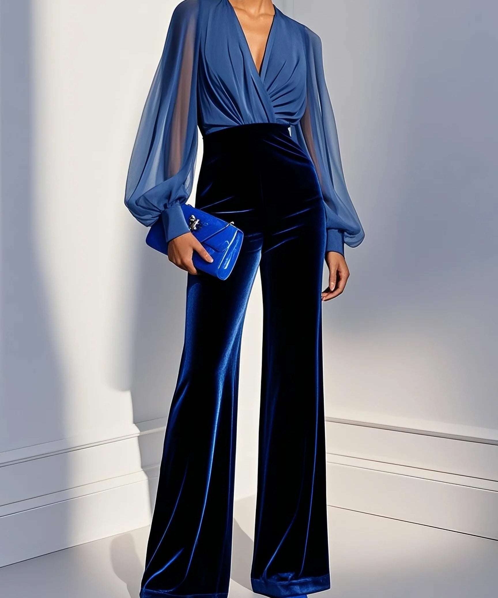 Jumpsuit "Rosa" – Blauw met V-Hals