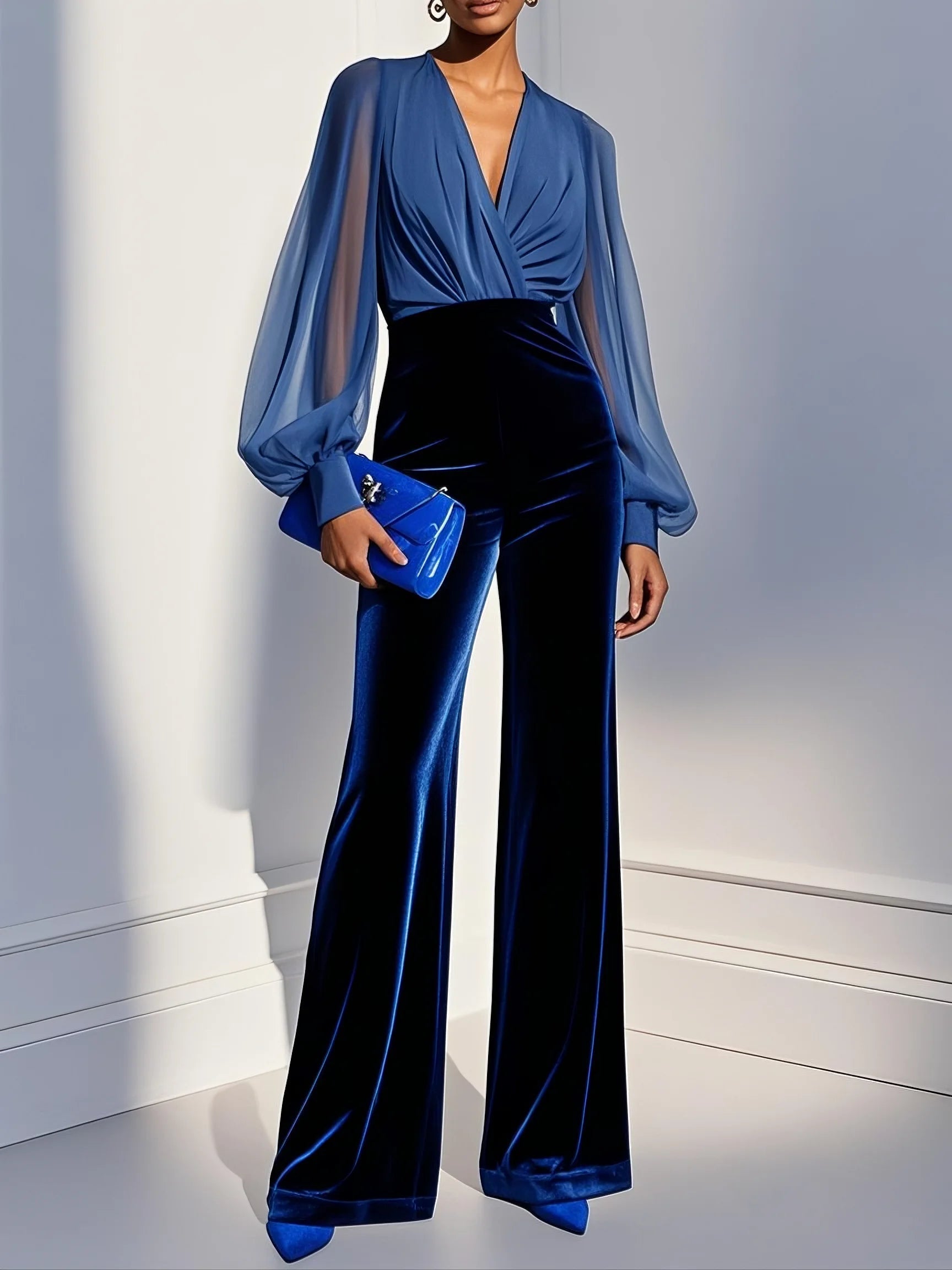 Jumpsuit "Rosa" – Blauw met V-Hals