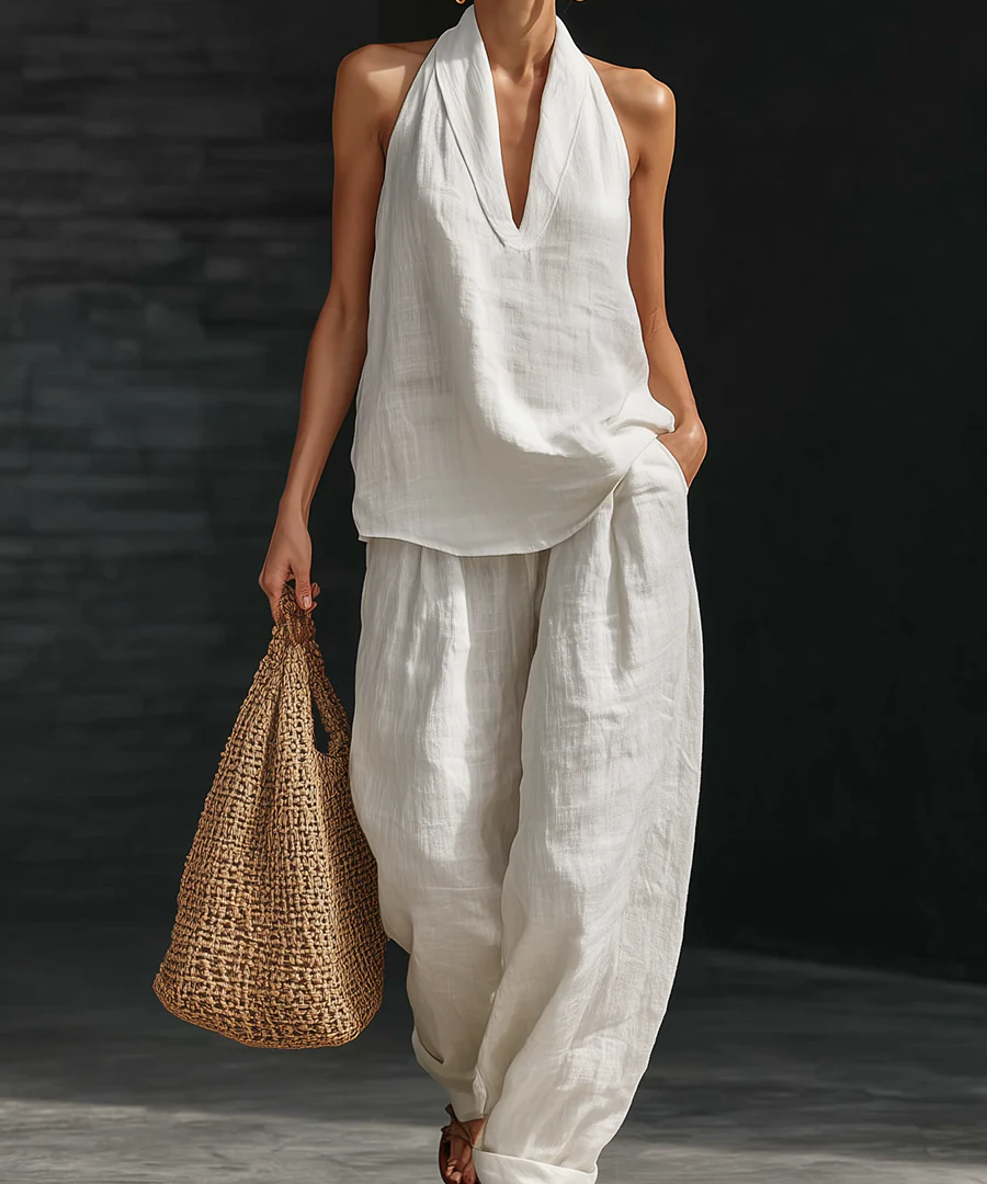 Mouwloze Set "Doris" – Wit met Wijde Broek