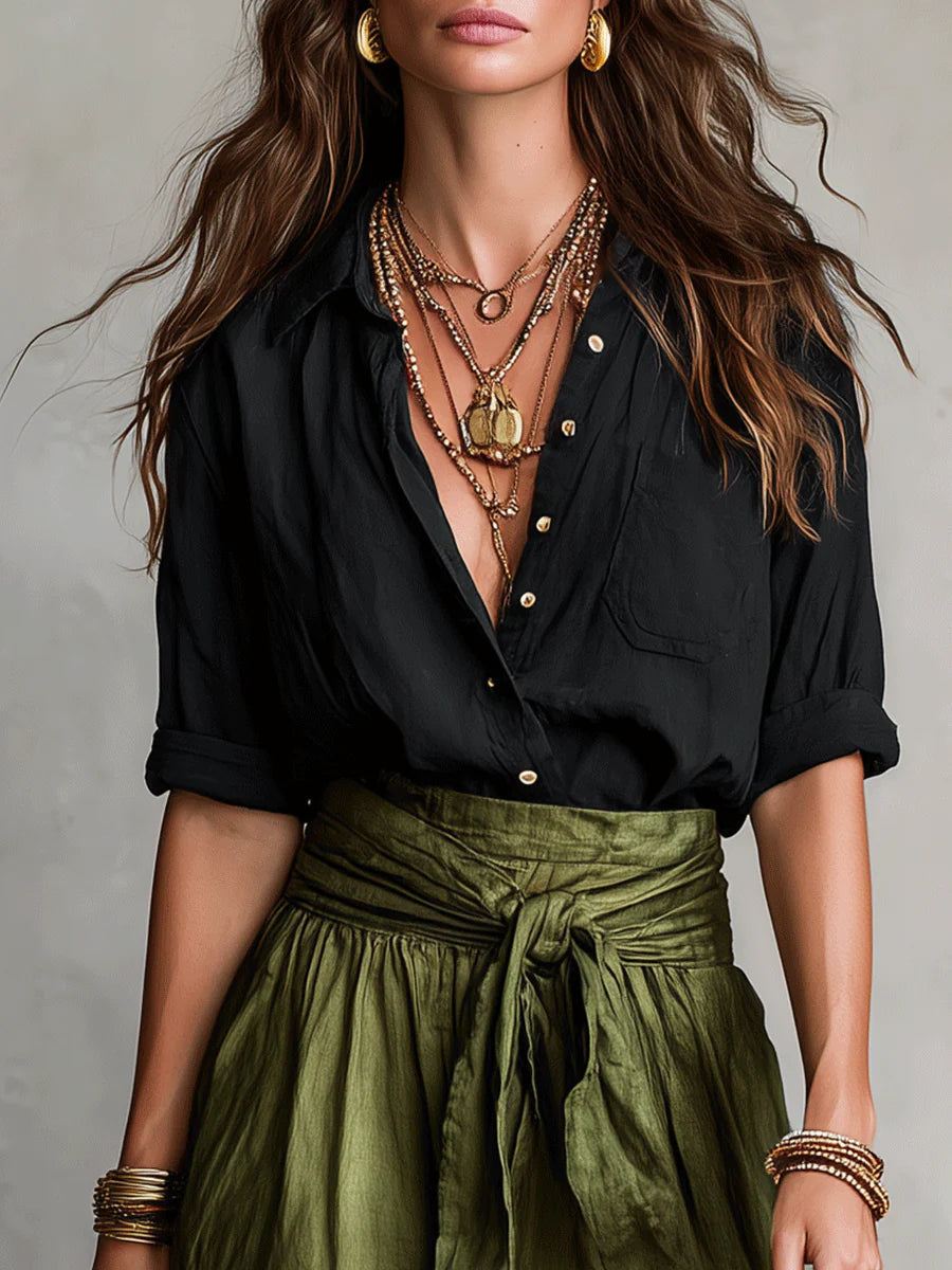 Ensemble Deux Pièces "Emma" – Haut Noir & Jupe Midi Vert Olive
