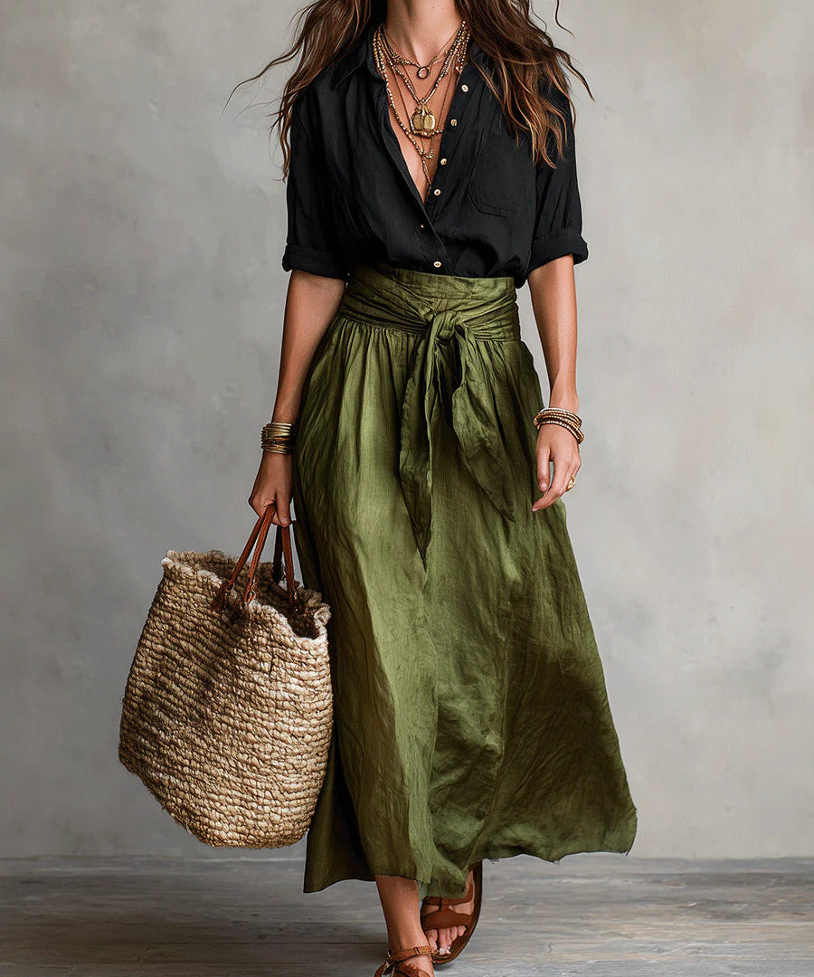 Tweedelige Set "Emma" – Zwarte Top & Olijfgroene Midirok