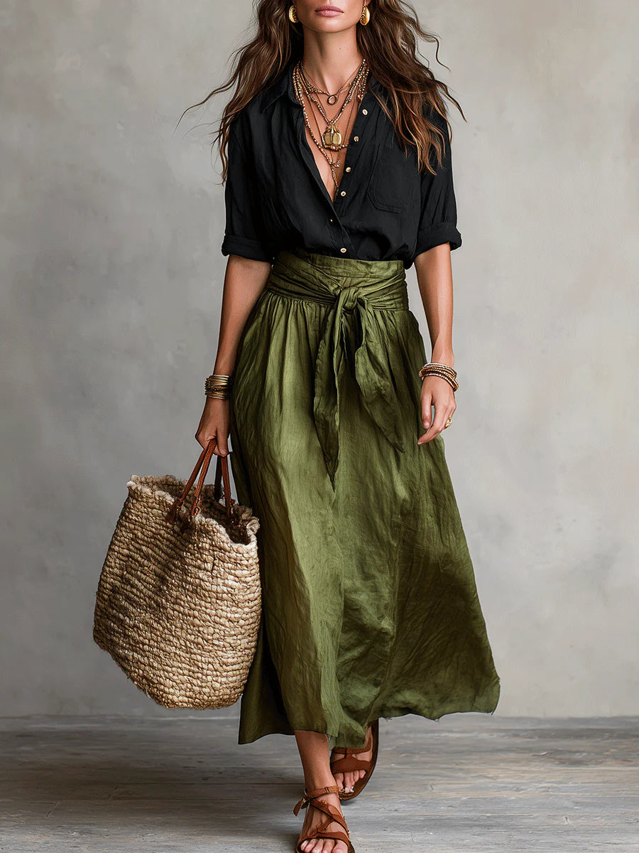 Ensemble Deux Pièces "Emma" – Haut Noir & Jupe Midi Vert Olive