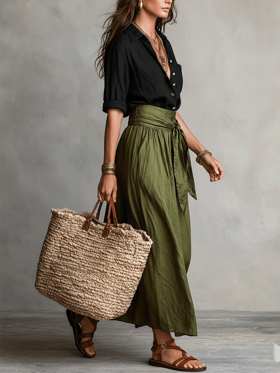 Ensemble Deux Pièces "Emma" – Haut Noir & Jupe Midi Vert Olive