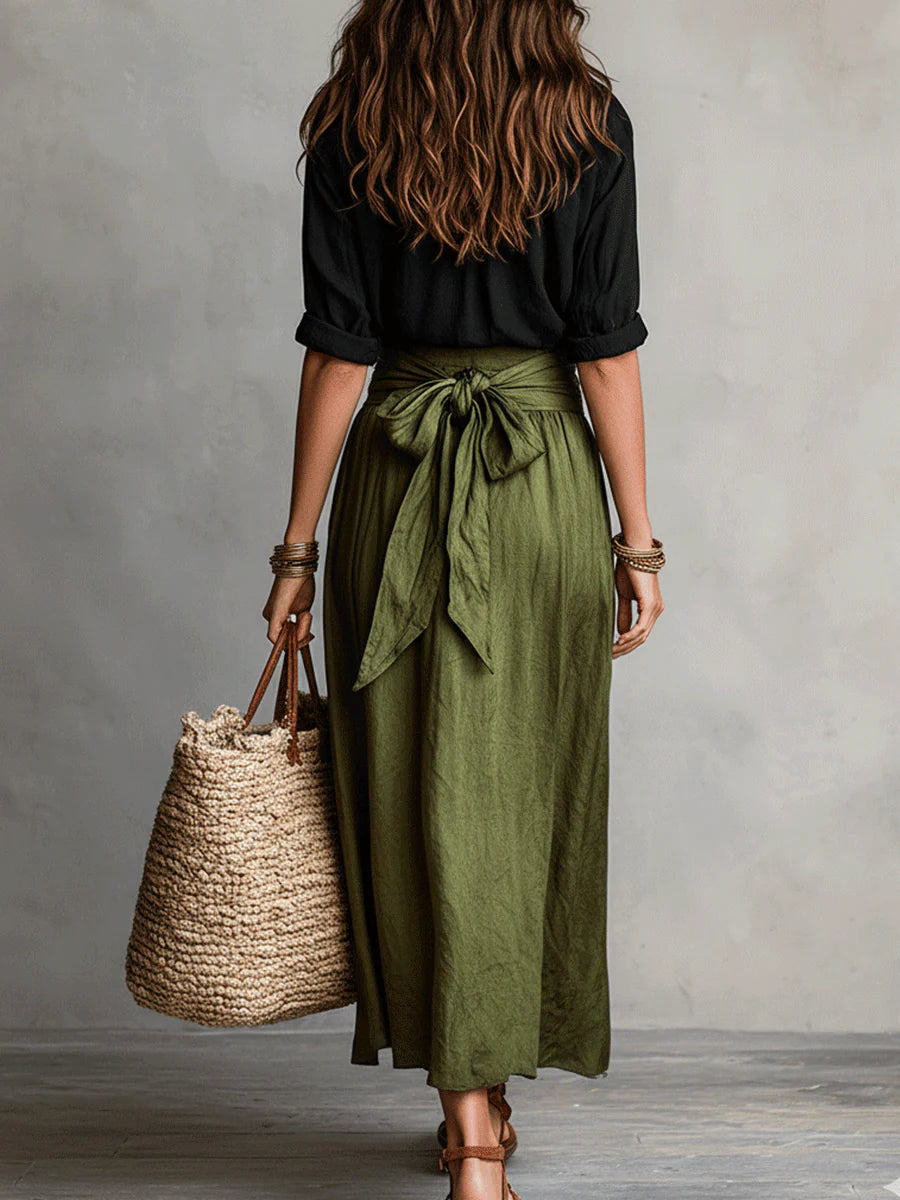 Ensemble Deux Pièces "Emma" – Haut Noir & Jupe Midi Vert Olive