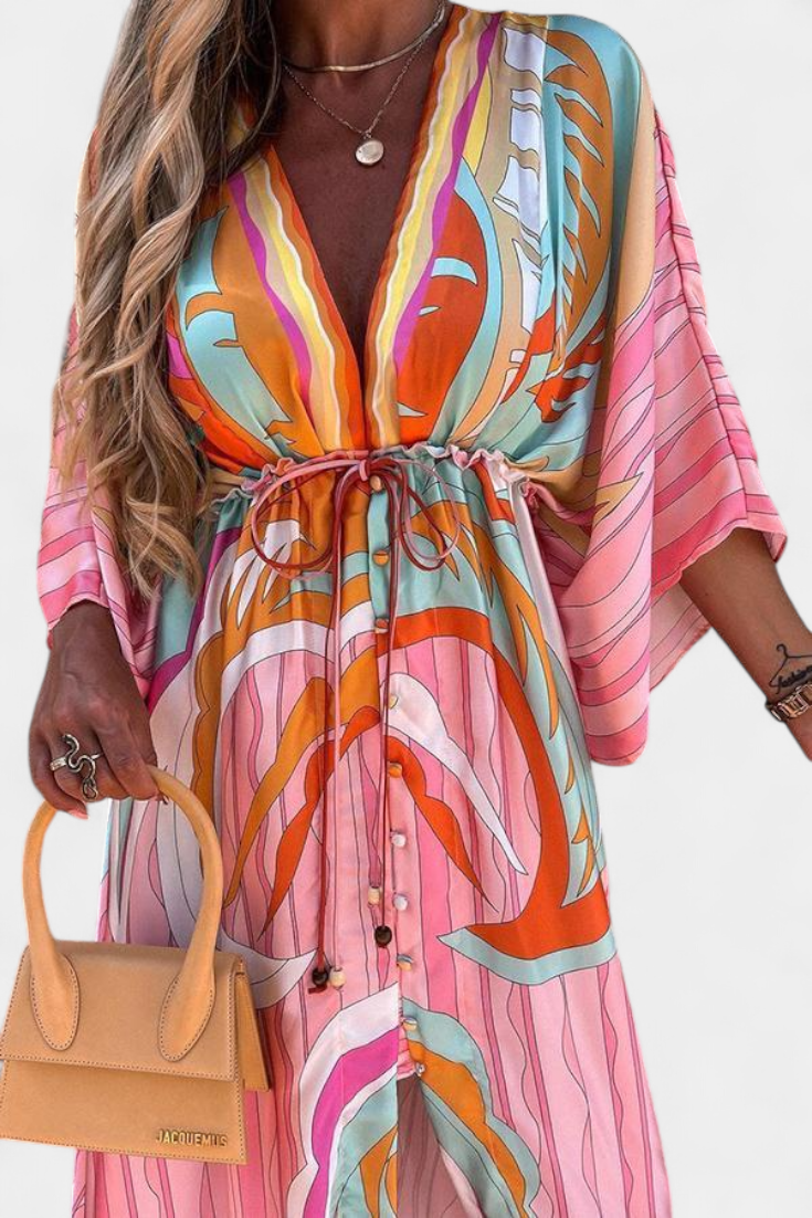 Maxikleed "Ida" – Regenboogprint met V-Hals