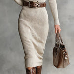 Robe Midi en Maille "Cornelia" – Beige avec Ceinture