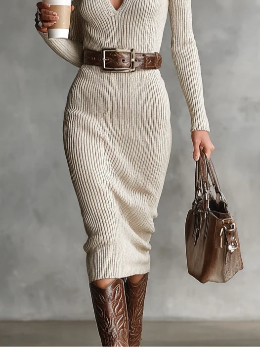 Robe Midi en Maille "Cornelia" – Beige avec Ceinture