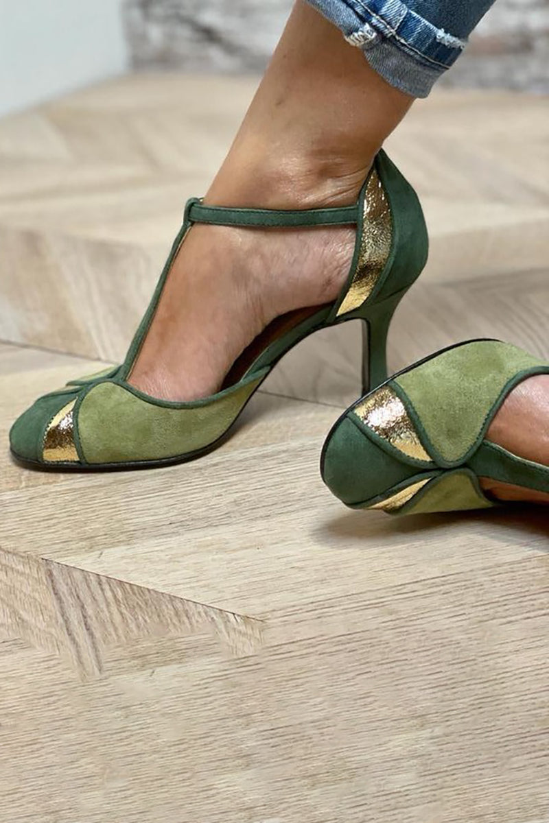 Pumps "Taviana" – Groen Patchwork met T-Bandje