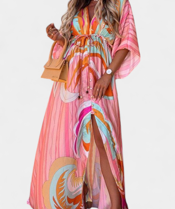 Robe Longue "Ida" – Imprimé Arc-en-ciel, Col en V